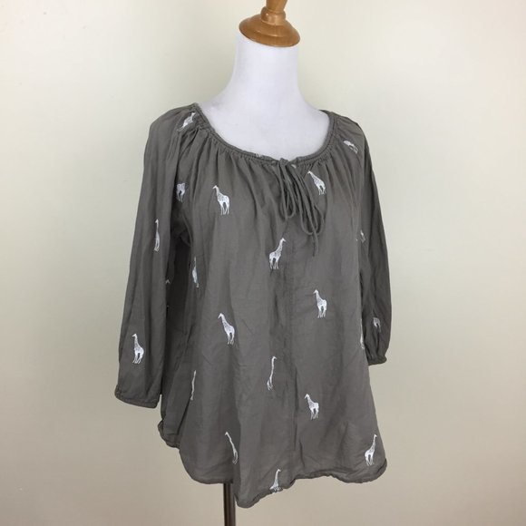 ANN TAYLOR Loft Khaki/Sage White Giraffe Embroidery Tie Collar Loose Fit Shirt - Picture 4 of 7